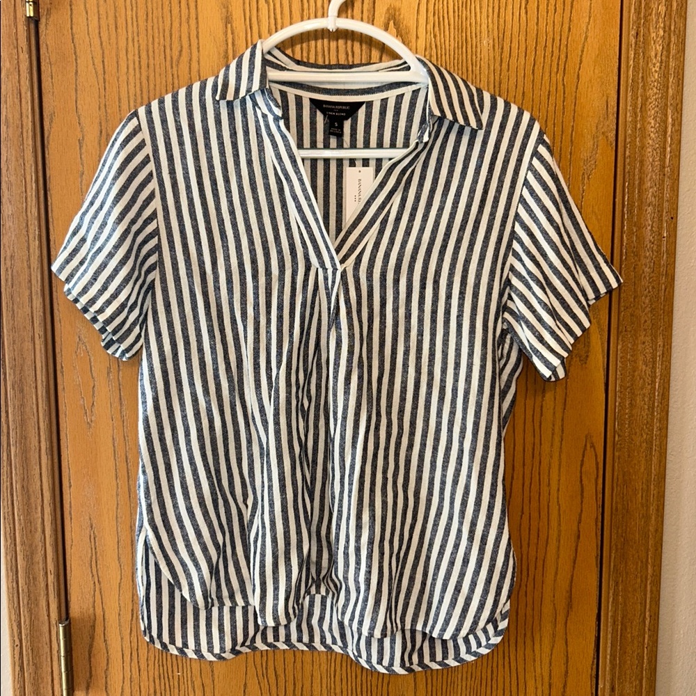 Banana Republic Navy and White Striped Linen Blend Top